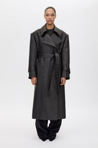 Front styled view CAMILLA AND MARC Alpine Textured Coat in Black with double breasted front and Italian twill.