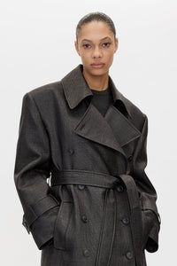 Cropped view CAMILLA AND MARC Alpine Textured Coat in Black with double breasted front and Italian twill.