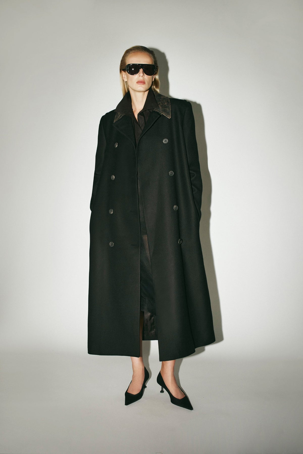 Styled View - CAMILLA AND MARC Ryder Coat black coat with contrast leather collar, double-breasted. 