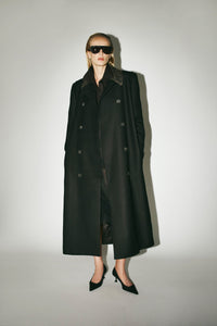 Styled View - CAMILLA AND MARC Ryder Coat black coat with contrast leather collar, double-breasted. 