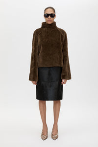 Front view CAMILLA AND MARC Contour Leather Skirt in Black with the Nala Pullover.