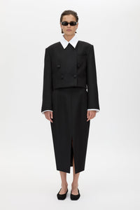 Front styled view CAMILLA AND MARC Caius Relaxed Cropped Blazer in Black with collarless neckline in Australian wool.