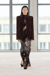 Runway view CAMILLA AND MARC Zaha Bomber in Redwood suede with sculpted shoulders and 100% cow suede leather.