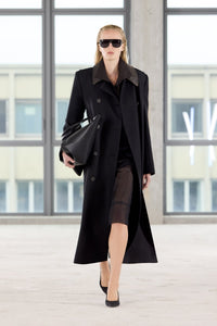 Runway View - CAMILLA AND MARC Ryder Coat black coat with contrast leather collar, double-breasted. 