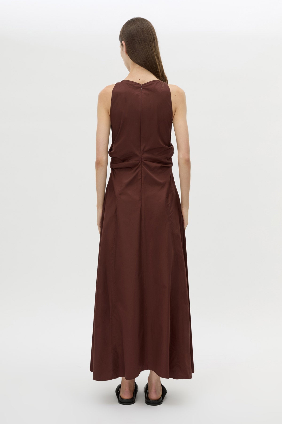Back view CAMILLA AND MARC Brera midi dress in chocolate with topstitch details and side pockets.
