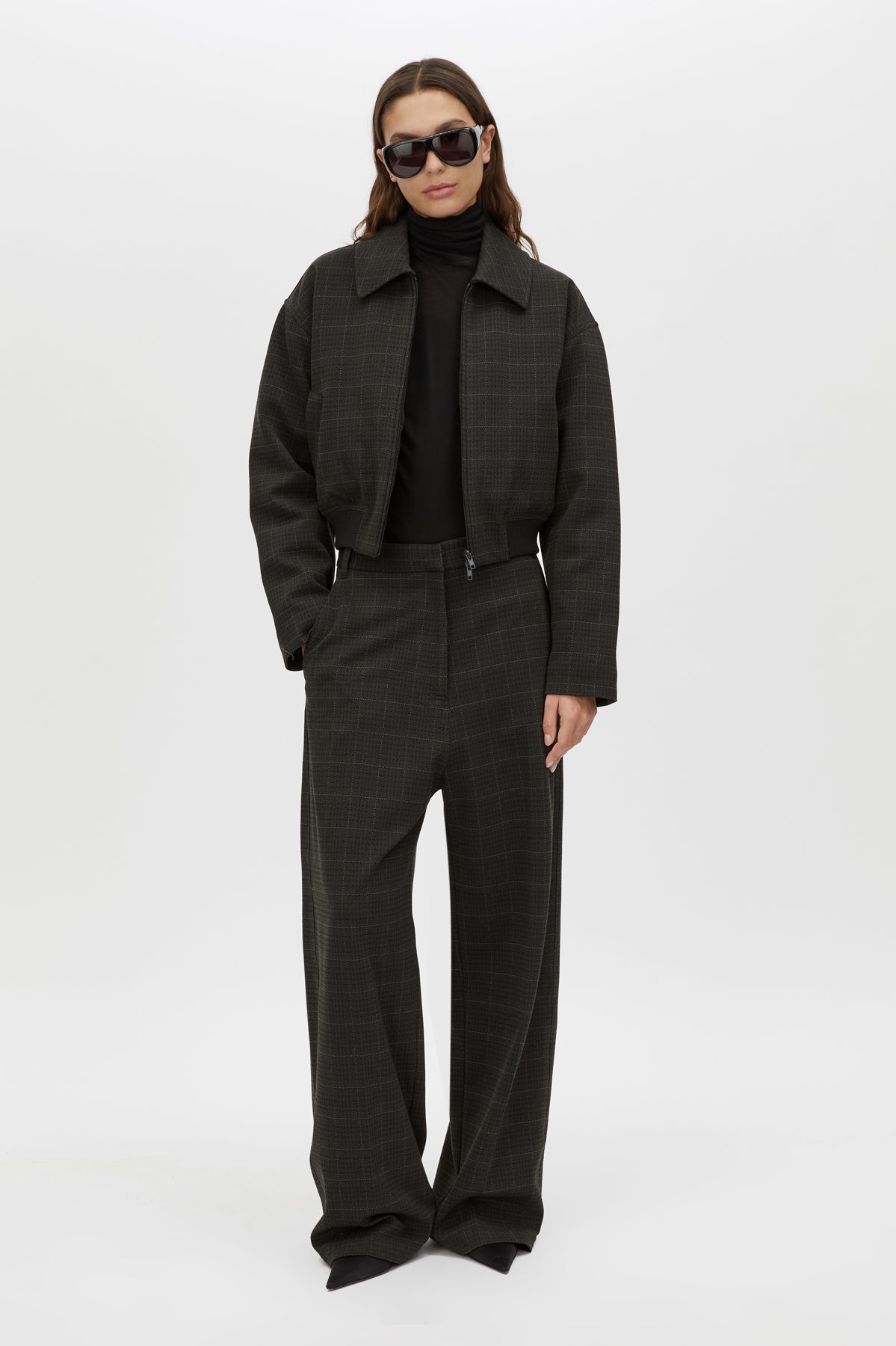Front Styled - CAMILLA AND MARC Casio drop crotch check pant in charcoal grey. 