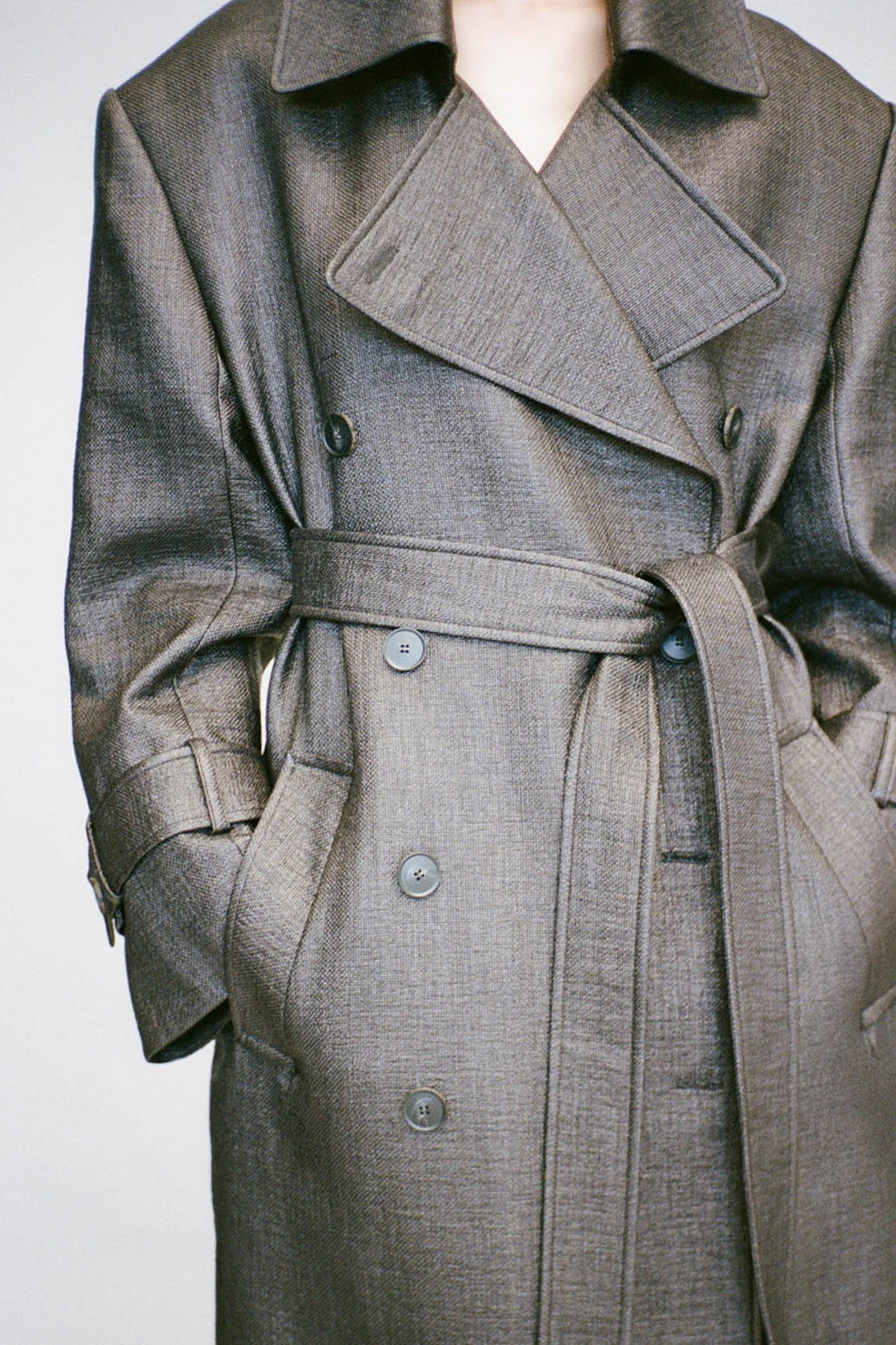 Close up view CAMILLA AND MARC Alpine Textured Coat in Black with double breasted front and Italian twill.
