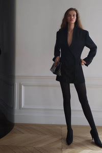 Styled view CAMILLA AND MARC Caius Tailored Mini Dress in Black with double‑breasted button closure.