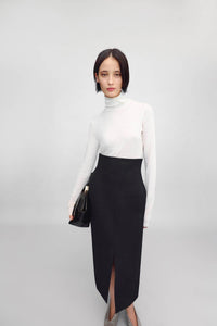 Styled view CAMILLA AND MARC Caius High Corset Waist Midi Skirt in Black with structured waist.