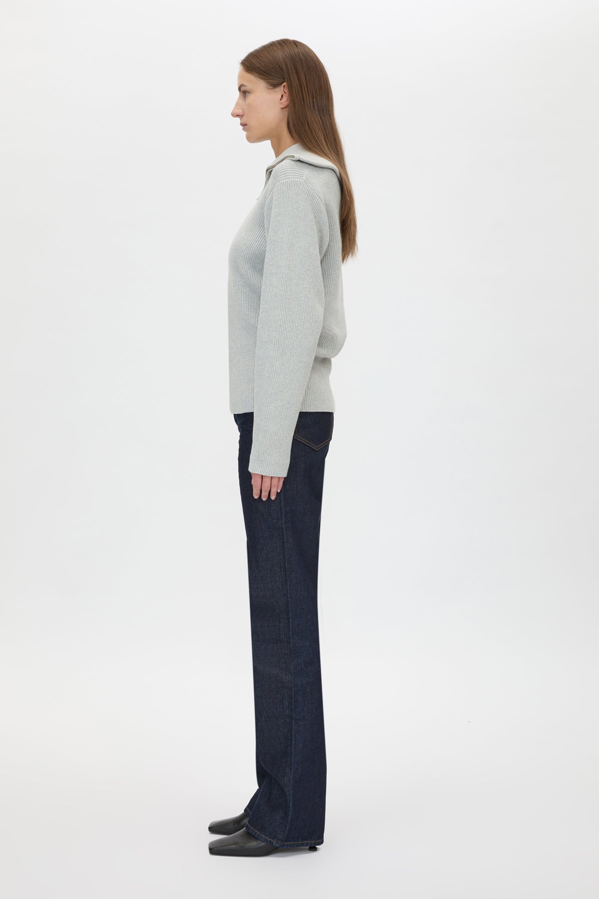 Side view CAMILLA AND MARC Anouk Knit Pullover in Grey Marle with quarter‑zip metal opening and cotton–merino blend.