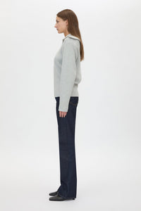Side view CAMILLA AND MARC Anouk Knit Pullover in Grey Marle with quarter‑zip metal opening and cotton–merino blend.