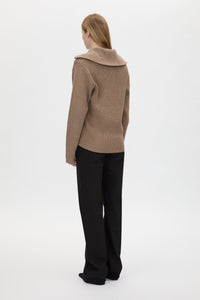 Back view CAMILLA AND MARC Anouk Knit Pullover in Caramel with quarter‑zip metal opening and cotton–merino blend.