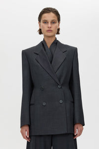 Cropped view CAMILLA AND MARC Ascent Fitted Hourglass Blazer in Dark Grey with contrast undercollar and 100% wool tailoring.