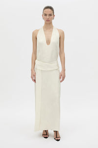Front-styled view CAMILLA AND MARC Avis Maxi Dress in cream with plunging neckline and detachable wide waistbelt.