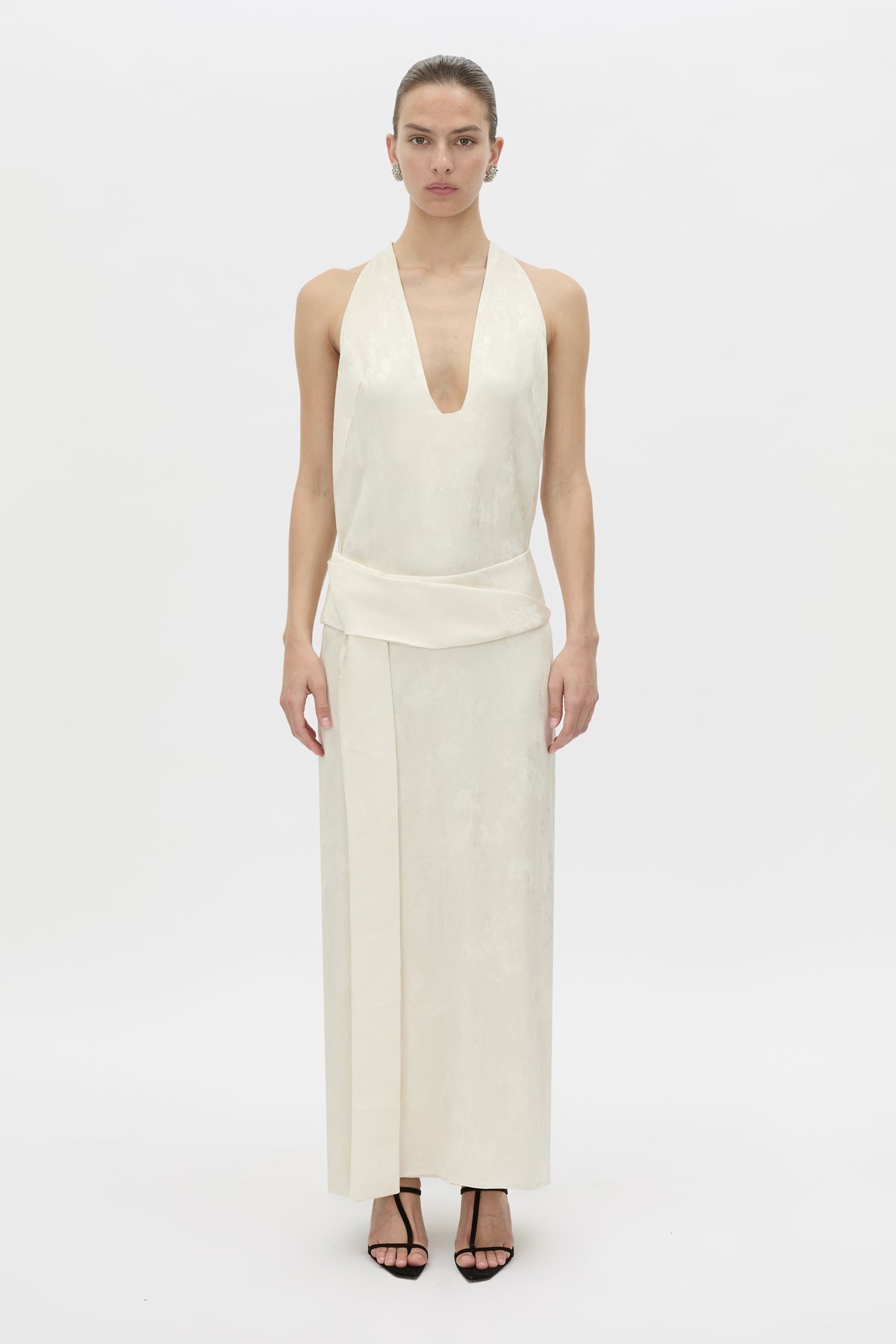 Front view CAMILLA AND MARC Avis Maxi Dress in cream with plunging neckline and detachable wide waistbelt.