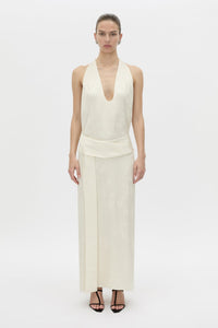 Front view CAMILLA AND MARC Avis Maxi Dress in cream with plunging neckline and detachable wide waistbelt.