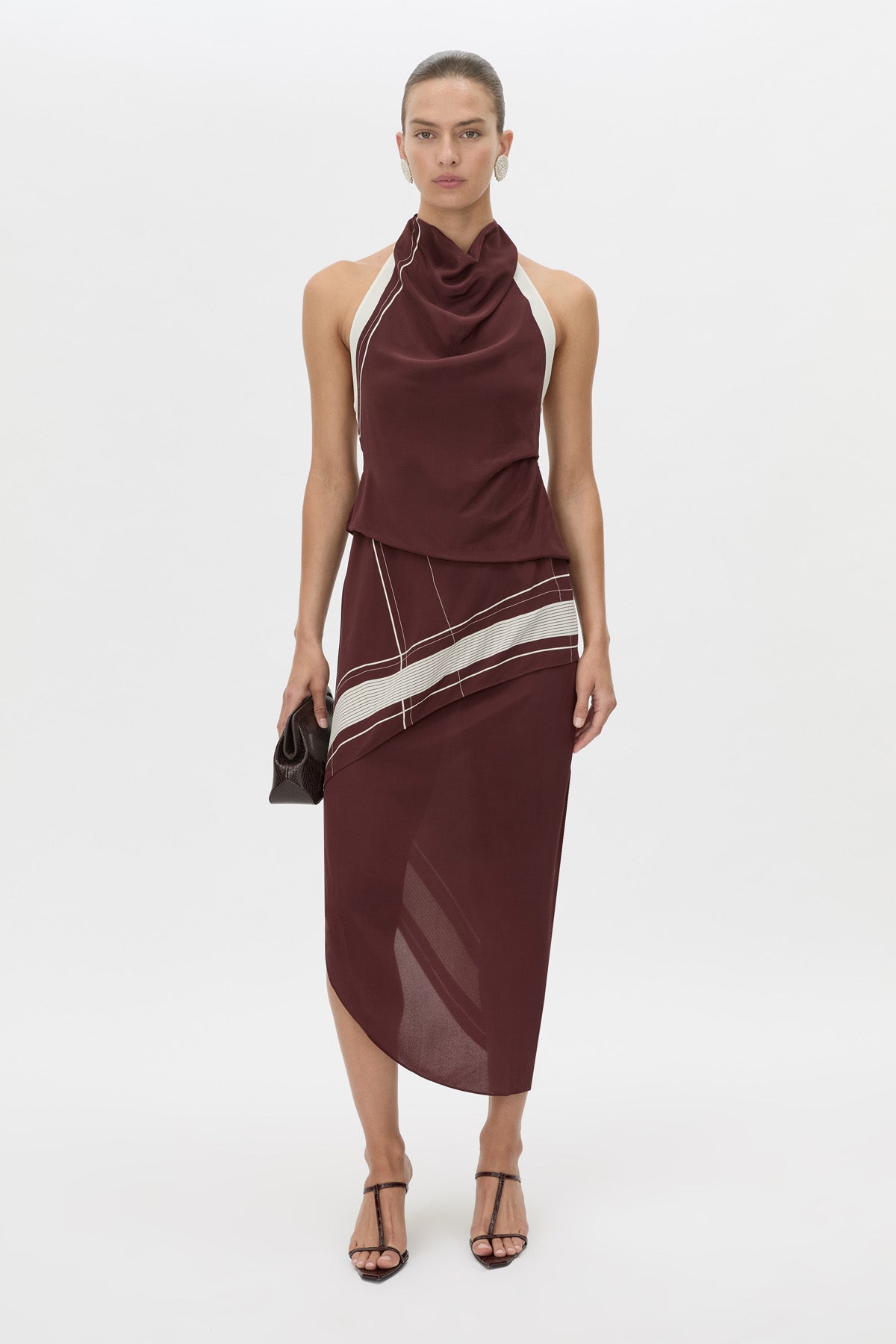 Front-styled view CAMILLA AND MARC Barolo Midi Dress in cream print with high-cowl neckline.