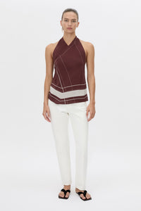 Front-styled view CAMILLA AND MARC Barolo Top in cream print with high‑neckline and open back.