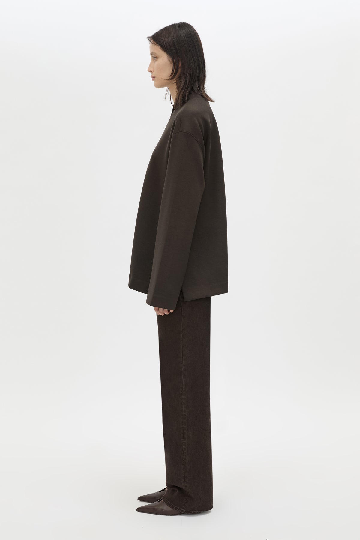 Back view CAMILLA AND MARC Bessette long sleeve top in espresso brown top with high neck. 