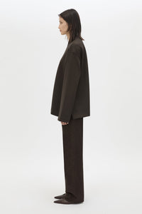 Back view CAMILLA AND MARC Bessette long sleeve top in espresso brown top with high neck. 