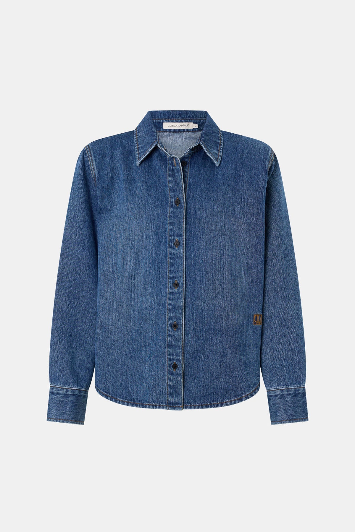 Ghost CAMILLA AND MARC Caden Denim Shirt in Dark Classic Blue with shoulder pads and an embroidered monogram.