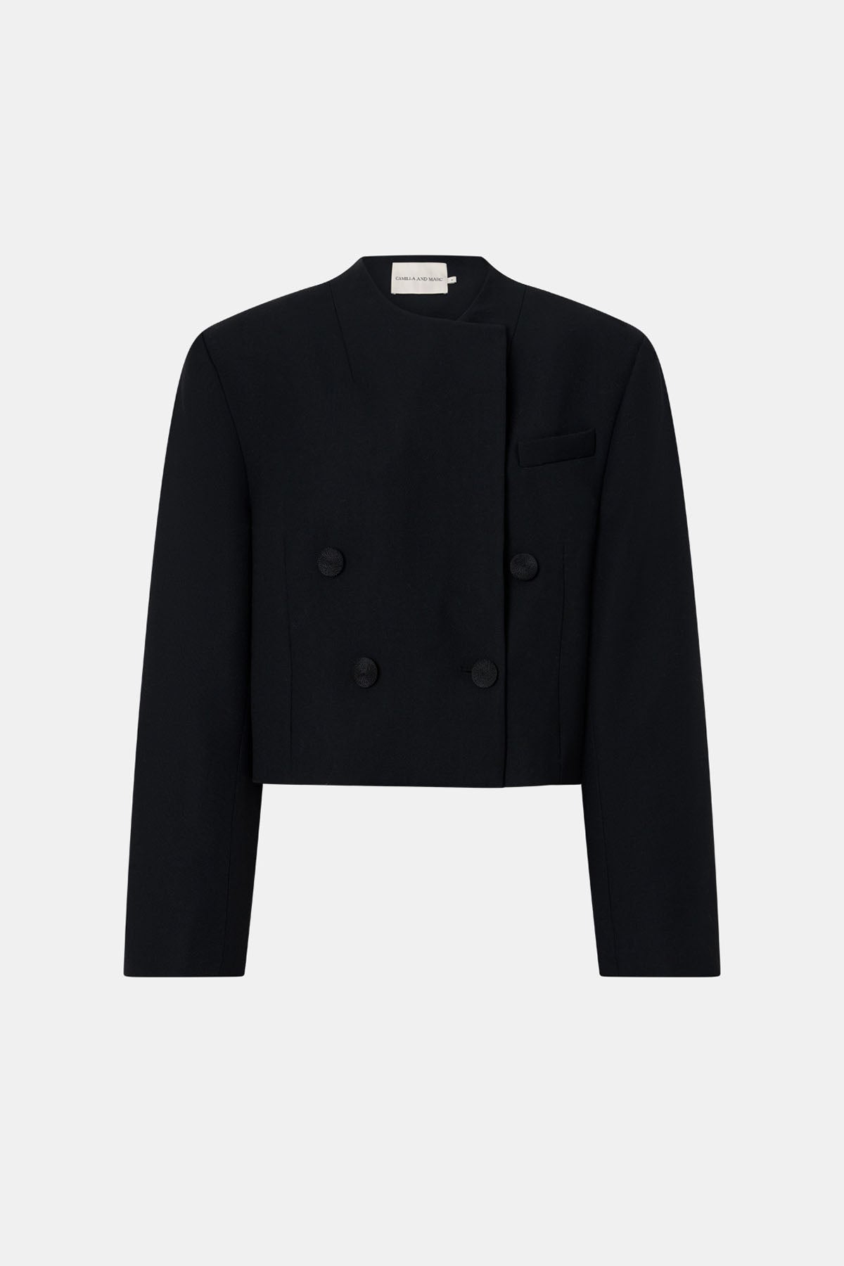 Ghost front view CAMILLA AND MARC Caius Relaxed Cropped Blazer in Black with collarless neckline in Australian wool.