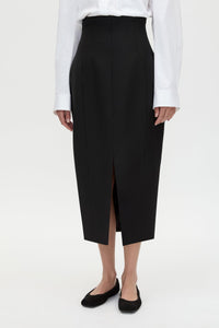 Cropped view CAMILLA AND MARC Caius High Corset Waist Midi Skirt in Black with structured waist.