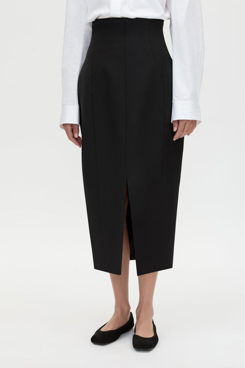 Cropped view CAMILLA AND MARC Caius High Corset Waist Midi Skirt in Black with structured waist.
