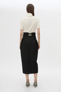 Back view CAMILLA AND MARC Caius High Corset Waist Midi Skirt in Black with structured waist.