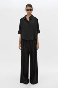 Front view CAMILLA AND MARC Chara Embroidered Relaxed Pant in Black styled with the Chara Embroidered Cropped Shirt.