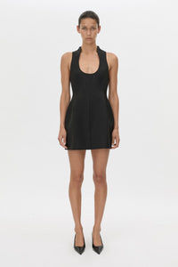 Front view CAMILLA AND MARC structured Chiaro Mini Dress in black with scoop neckline.