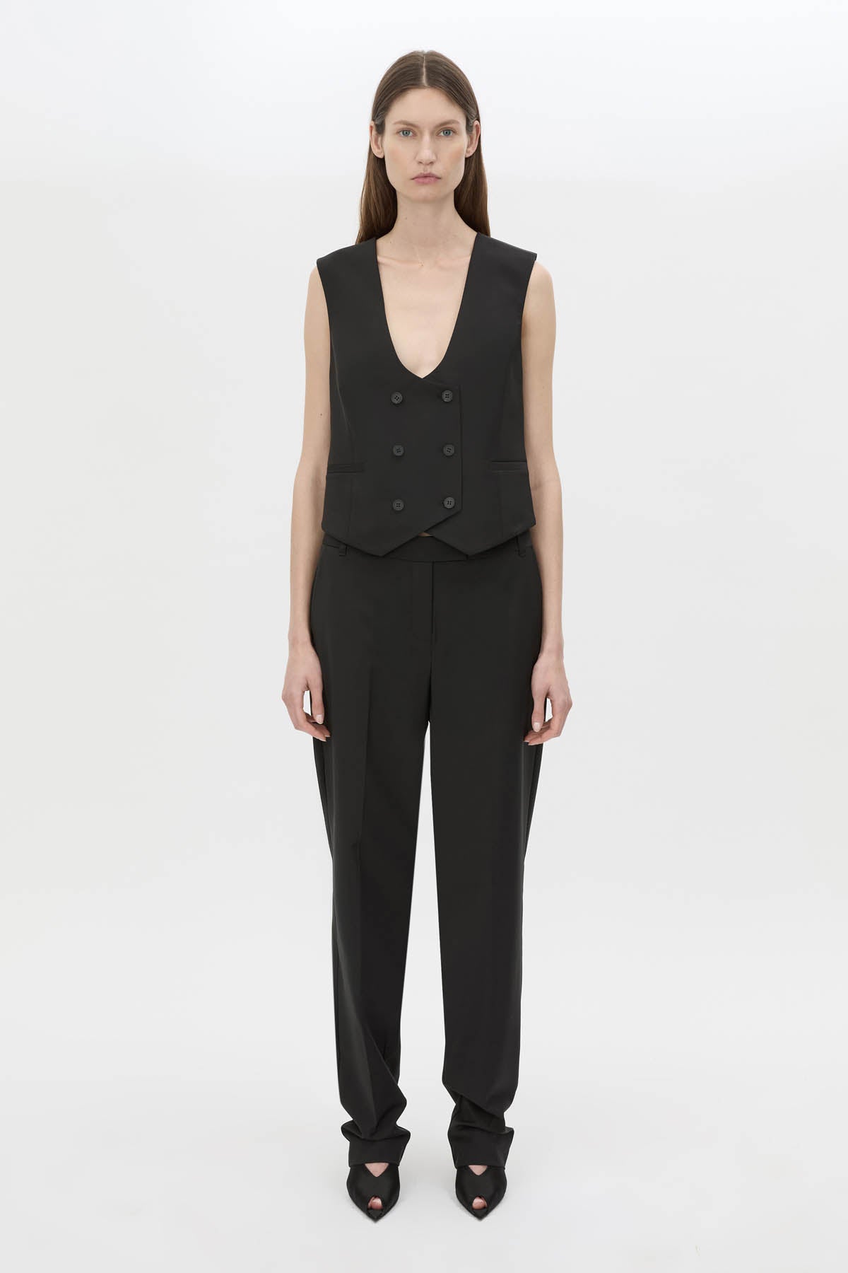Front view CAMILLA AND MARC Chiaro Fitted Vest in black with double‑breasted closure.