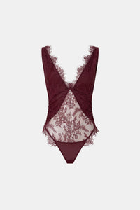 Ghost view CAMILLA AND MARC Cora V Neck Lace Bodysuit in Burgundy with scalloped lace edges, adjustable straps
