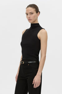 Cropped view CAMILLA AND MARC fitted Dakota Sleeveless High Neck Top in black.