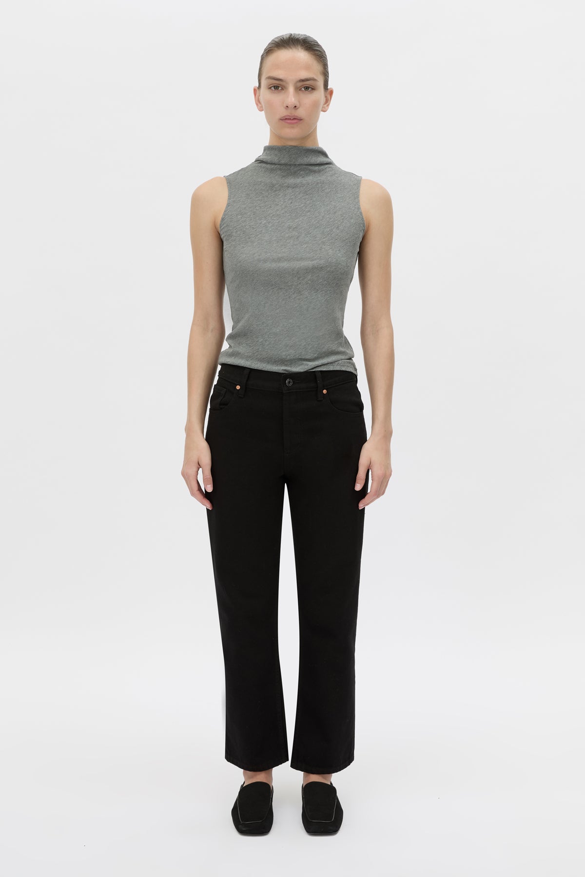 Front view CAMILLA AND MARC fitted Dakota Sleeveless High Neck Top in grey marle.