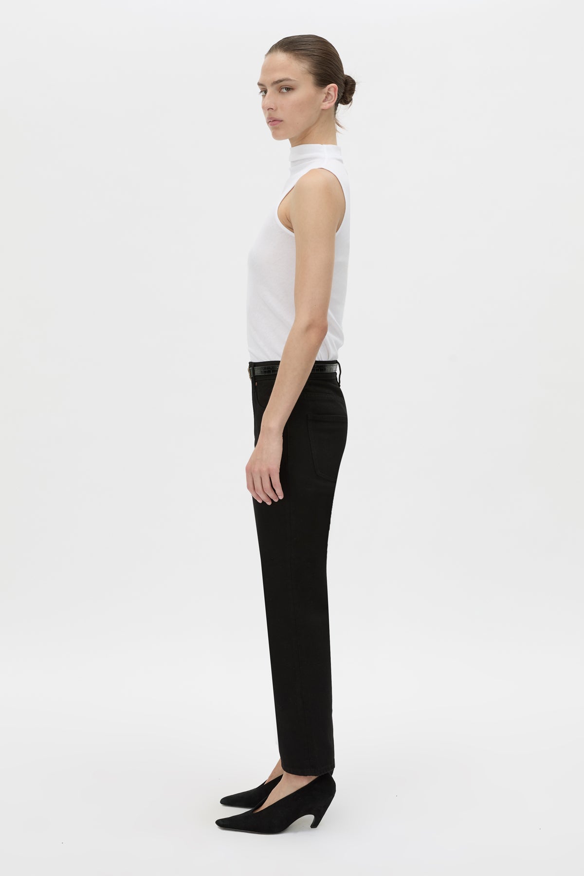 Side view CAMILLA AND MARC fitted Dakota Sleeveless High Neck Top in soft white.