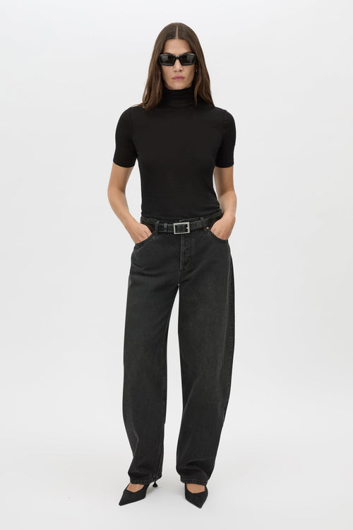 Front view CAMILLA AND MARC Dakota Elbow Sleeve Top in black with turtleneck.