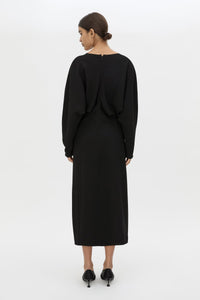Back view CAMILLA AND MARC Dune Draped Waist Midi Dress in Black with gathered waist detailing.