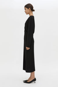 Side view CAMILLA AND MARC Dune Draped Waist Midi Dress in Black with gathered waist detailing.