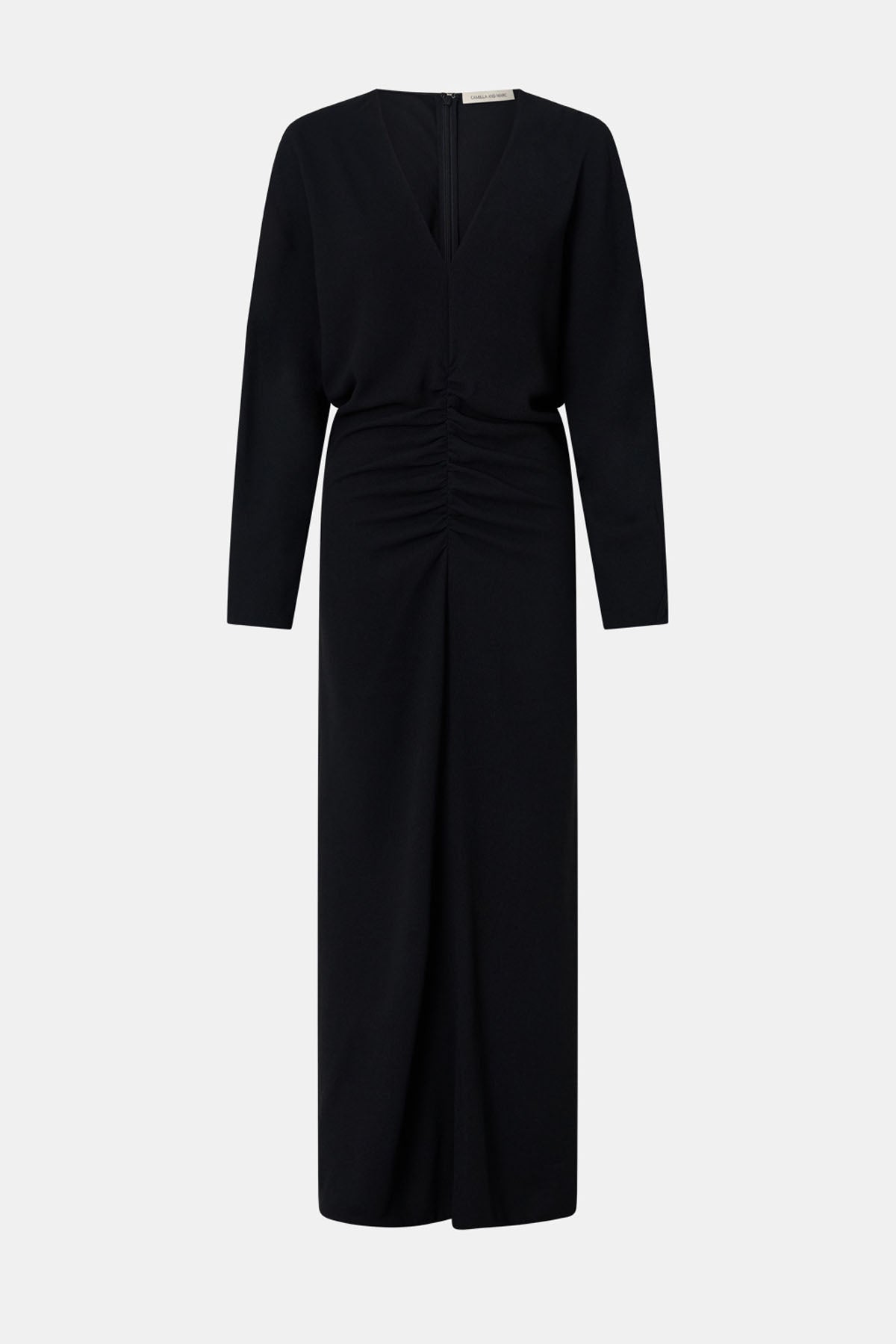 Ghost view CAMILLA AND MARC Dune Draped Waist Midi Dress in Black with gathered waist detailing.
