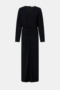 Ghost view CAMILLA AND MARC Dune Draped Waist Midi Dress in Black with gathered waist detailing.