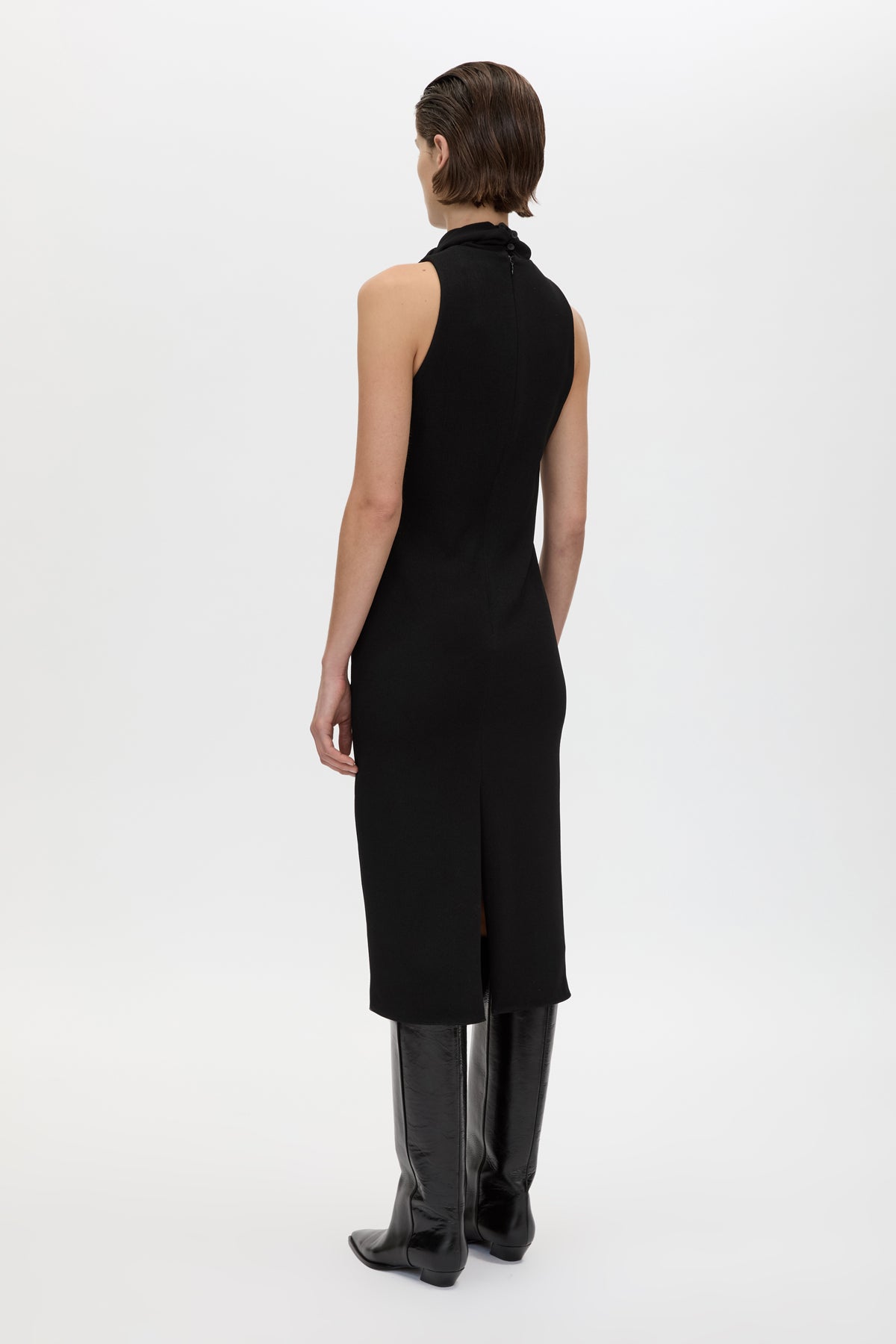 Three Quarter Back View - CAMILLA AND MARC Dune Fringe Detail Midi Dress in black with fringe scarf. 