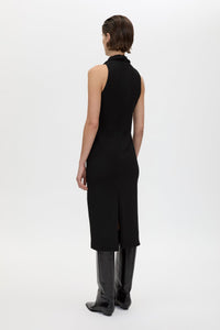 Three Quarter Back View - CAMILLA AND MARC Dune Fringe Detail Midi Dress in black with fringe scarf. 
