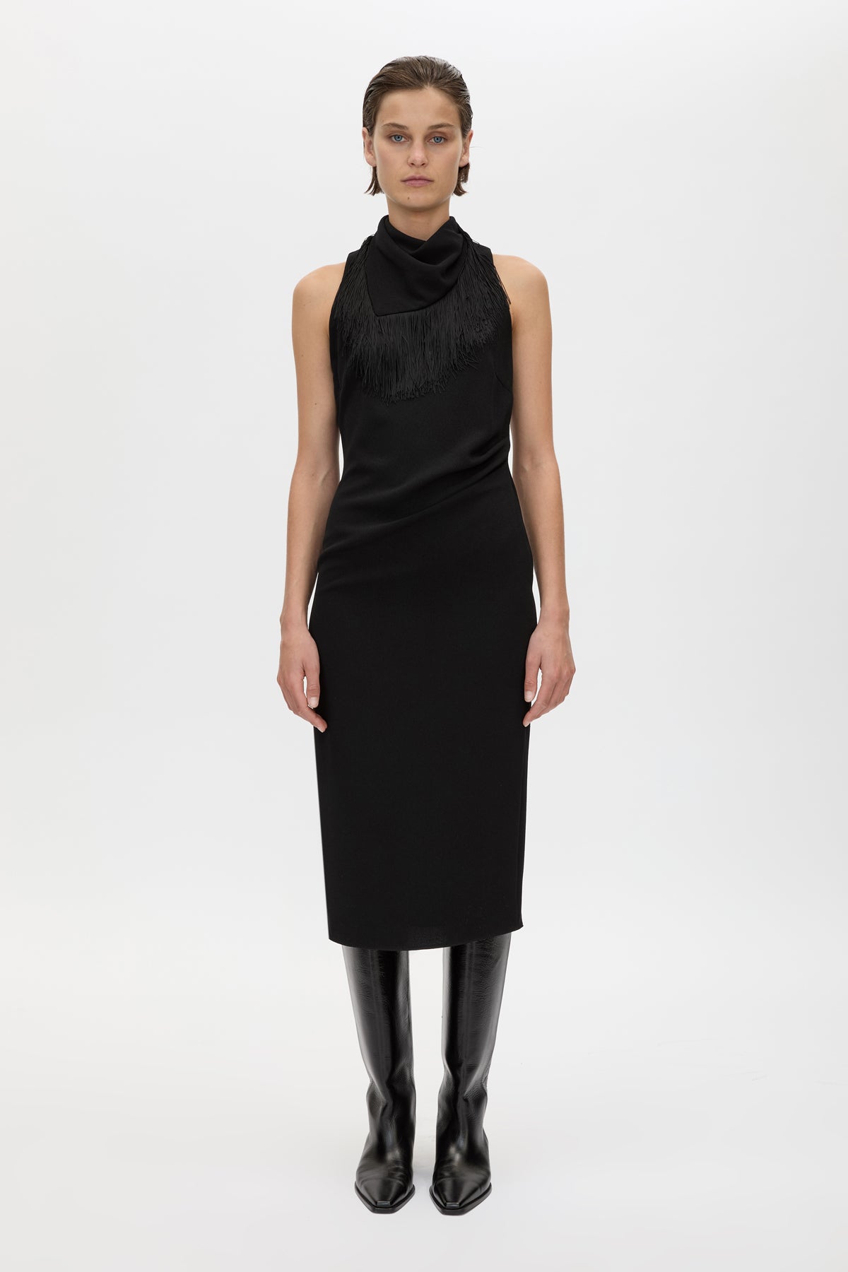 Front View - CAMILLA AND MARC Dune Fringe Detail Midi Dress in black high neckline.