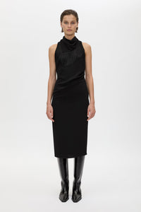 Front View - CAMILLA AND MARC Dune Fringe Detail Midi Dress in black high neckline.