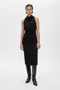 Front View - CAMILLA AND MARC Dune Fringe Detail Midi Dress in black with fringe scarf. 