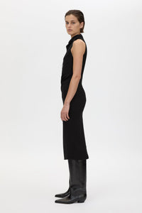 Side View - CAMILLA AND MARC Dune Fringe Detail Midi Dress in black with fringe scarf. 