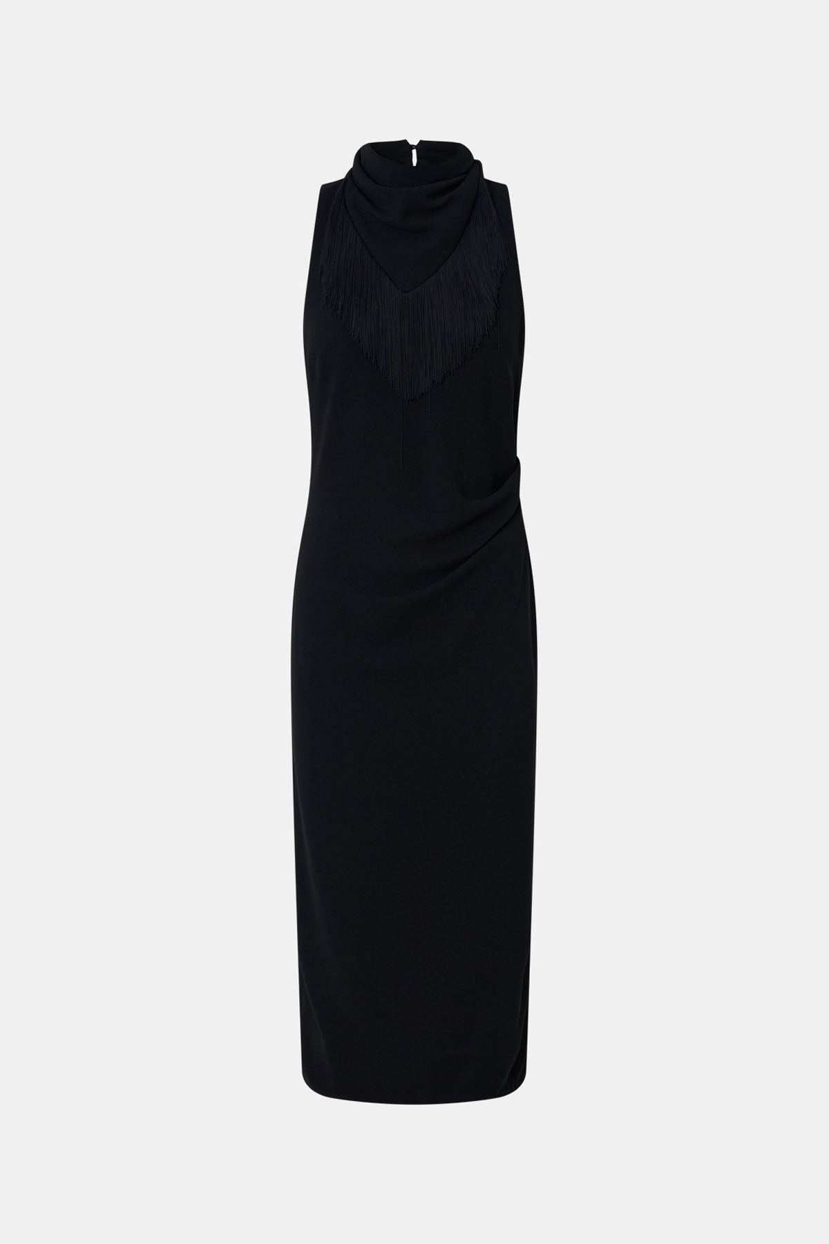 Ghost View - CAMILLA AND MARC Dune Fringe Detail Midi Dress in black with fringe scarf. 