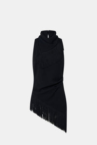 Ghost styled view CAMILLA AND MARC Dune Fringe Top in Black with asymmetric cut, gathered waist, high neck and fringe scarf.