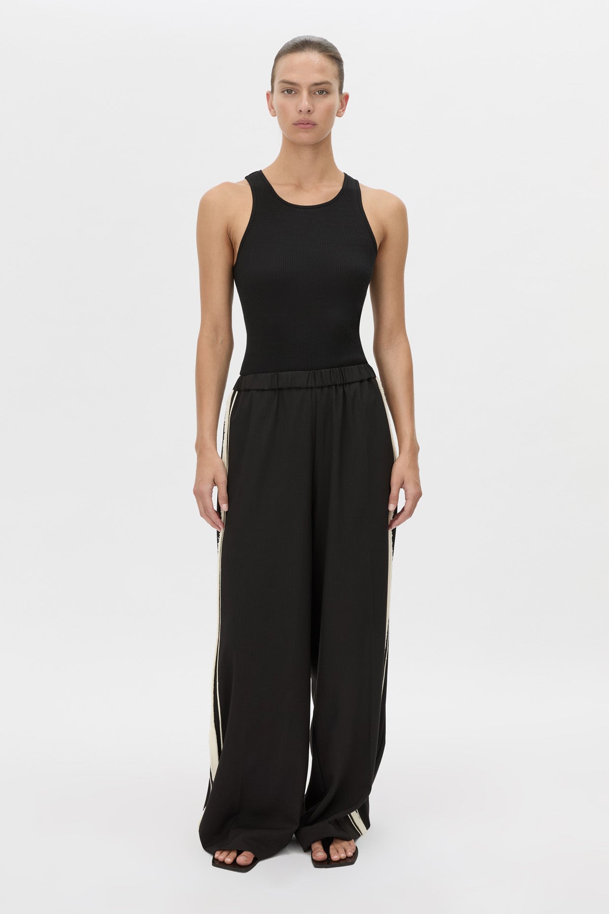 Front view CAMILLA AND MARC wide-leg Enna Pant in black with an elasticated high‑waistband.